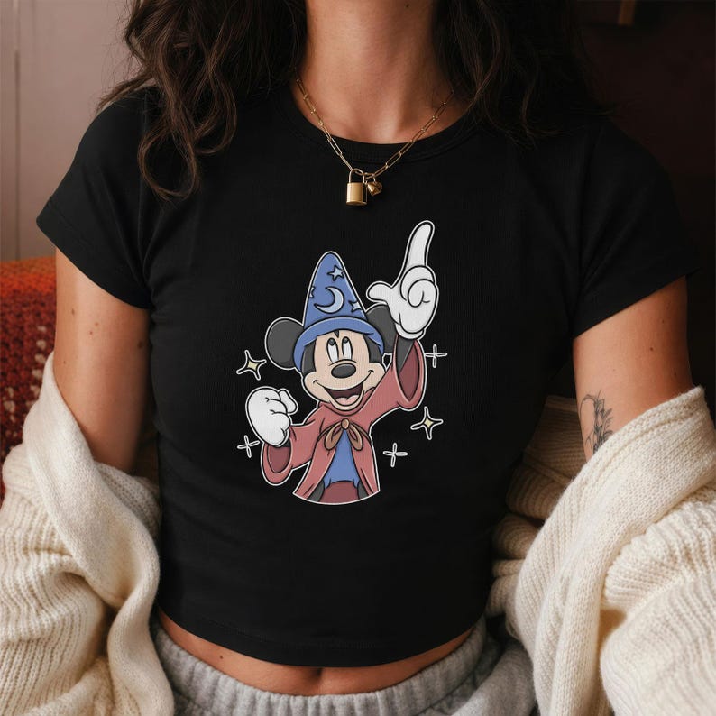 Sorcerer Mickey Mouse Baby Tee, Fantasia Disney Vintage Style Crop Top, Magic Kingdom Aesthetic Shirt, Retro Celestial Disney Tee