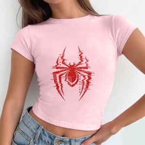 Spider Baby Tee, Red Spider Verse Logo Crop Top, Streetwear Y2K Aesthetic Shirt, Superhero Graphic Tee Women, Logo Spider Man Shirt