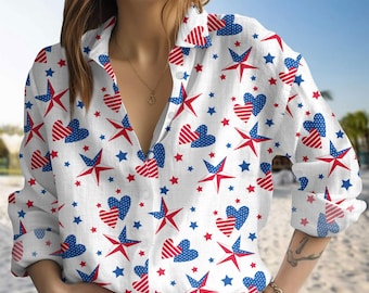 Amerikanisches Herz und Stern Bluse Shirt, Vaterländisches Leinen Top Shirt, 4. Juli Outfit, Geschenk für sie, Button Up Sommer Shirt