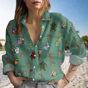 Camicia-camicia Disney Robin Hood, Camicia-camicia Disney da donna, Camicia-camicia effetto lino Robin Hood, Avventura estiva dei cartoni animati verdi