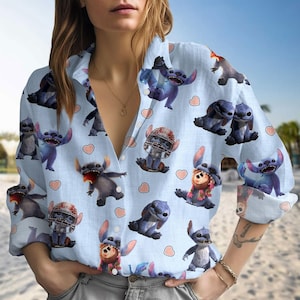 Blusa de Stitch de Disney 2025, camisa de lino con Stitch y ángel, camisa de verano con estampado de corazones de dibujos animados, camisa abotonada de Disney