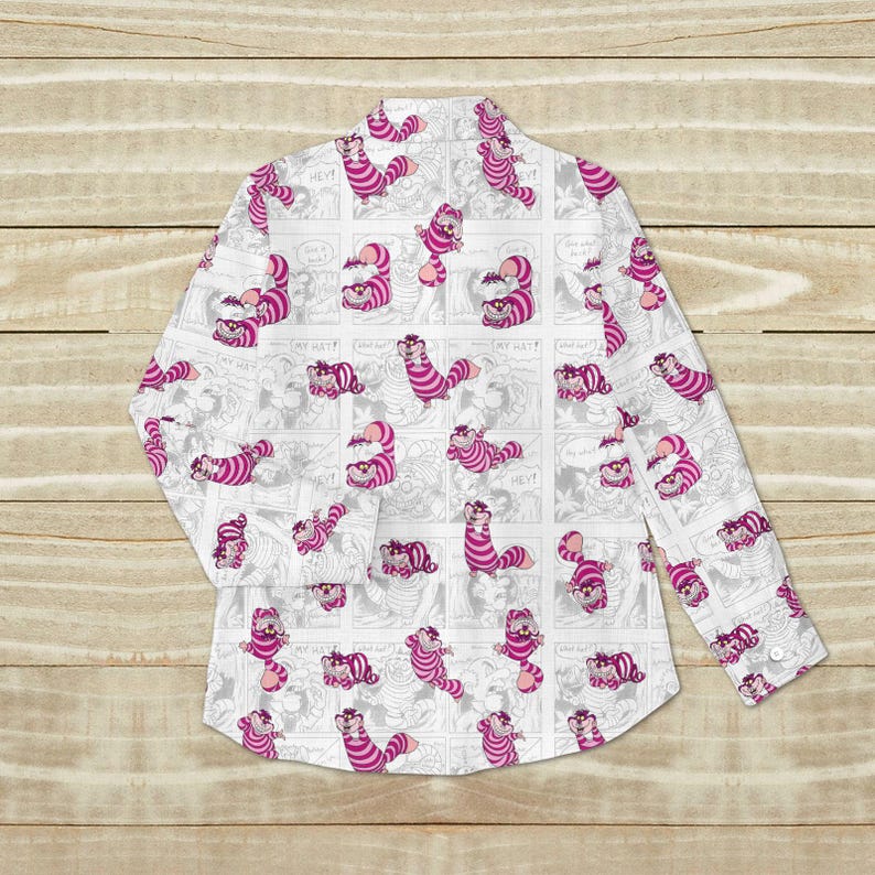 Cheshire Cat Linen Shirt, Alice In Wonderland Shirt, Cute Cartoon Button Shirt, Disney Fan Shirt, Summer Gift For Her, Pastel Shirt