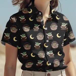 Disney Star Wars Grogu Button Shirt, Disney Baby Yoda Hawaiian Shirt, Retro Sci-Fi Summer Shirt, Mandalorian Gift Shirt, Cute Fan Shirt