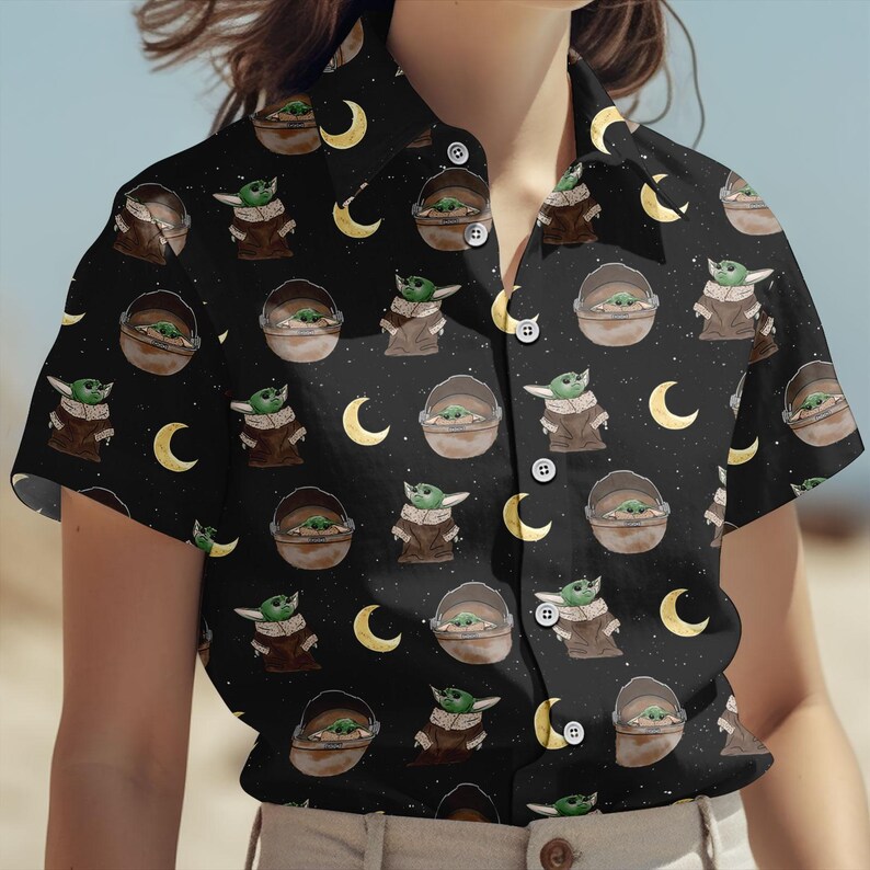 Disney Star Wars Grogu Button Shirt, Disney Baby Yoda Hawaiian Shirt, Retro Sci-Fi Summer Shirt, Mandalorian Gift Shirt, Cute Fan Shirt