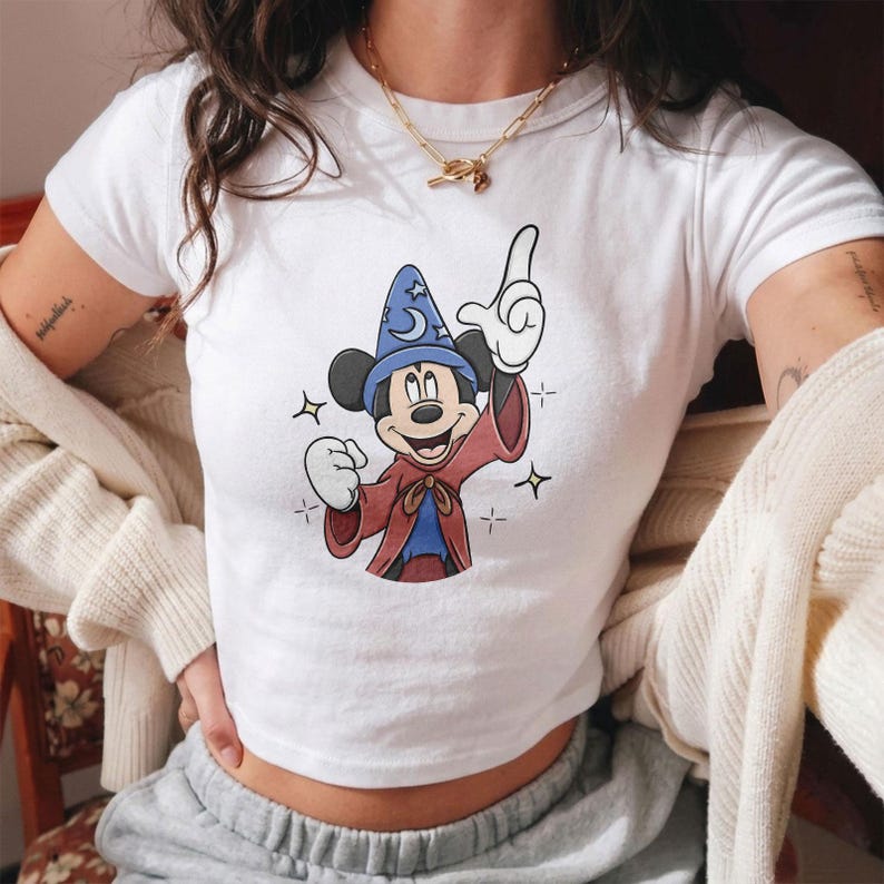 Sorcerer Mickey Mouse Baby Tee, Fantasia Disney Vintage Style Crop Top, Magic Kingdom Aesthetic Shirt, Retro Celestial Disney Tee