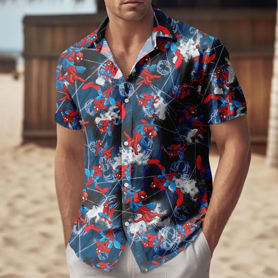 spiderman dress shirt Marvel Spider-Man Men's Hawaiian Short Sleeve Button Down Shirt Spider Man Crimson, Size: Medium, Red