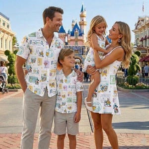 May include: A family of four wearing matching white shirts and dresses with a colorful cartoon design. The shirts have short sleeves and the dresses are sleeveless. The background features a castle and a sunny day.