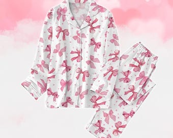 Pink Bow Coquette Pajamas Set, Ribbon Holiday Pajamas, Pink Pajamas Women, Bow Tie Bridesmaid Pajamas, Cute Gift For Her