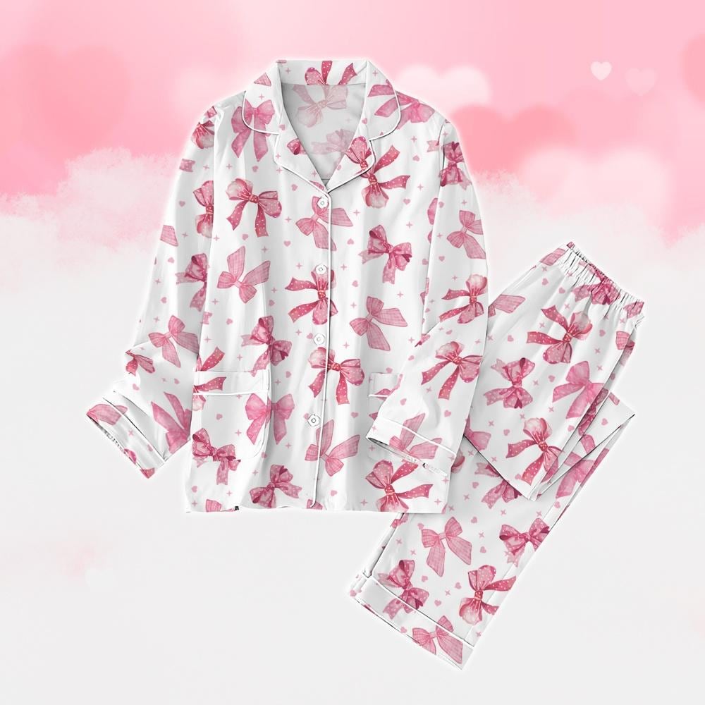 Pink Pattern Pyjama Pink Bow Coquette Pajamas Set, Ribbon Holiday Pajamas, Pink Pajamas ...