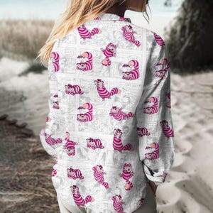 Cheshire Cat Linen Shirt, Alice In Wonderland Shirt, Cute Cartoon Button Shirt, Disney Fan Shirt, Summer Gift For Her, Pastel Shirt