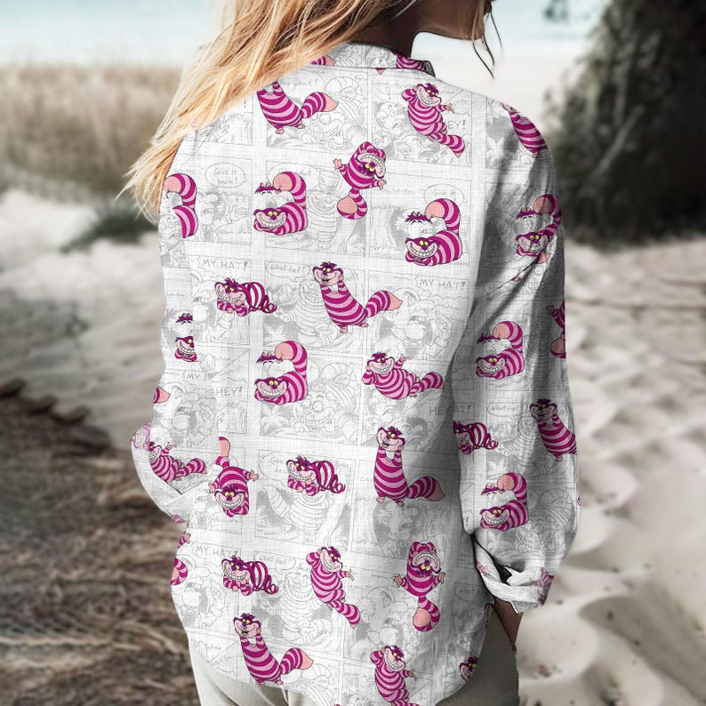 Cheshire Cat Linen Shirt, Alice In Wonderland Shirt, Cute Cartoon Button Shirt, Disney Fan Shirt, Summer Gift For Her, Pastel Shirt