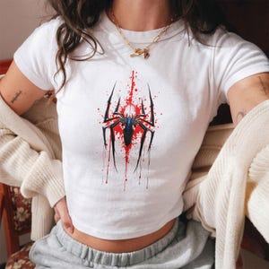 Spiderman Baby Tee, Spider Graphic Crop Top, Y2K Aesthetic Shirt, Superhero Women Tee, Spider Logo Shirt, Gift for Her, 90s Style Tee