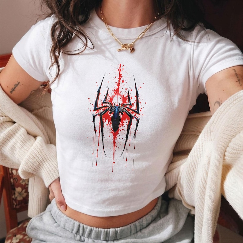 Spiderman Baby Tee, Spider Graphic Crop Top, Y2K Aesthetic Shirt, Superhero Women Tee, Spider Logo Shirt, Gift for Her, 90s Style Tee