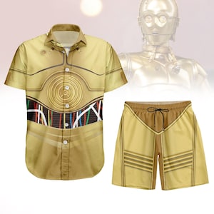 C3PO Costume Button Shirt/Shorts, Star Wars Hawaii Shirt, Costume Shirt, Cosplay Outfit for Men, Vacation Beach Shirt, Halloween Gift