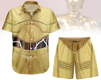 May include: A gold-colored button-down shirt and matching shorts set. The shirt and shorts feature a design inspired by the character C-3PO from Star Wars. The shirt has a detailed graphic of the character's chest and torso. The shorts have a drawstring waist.