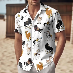 May include: White button-down shirt featuring a repeating cartoon horse pattern in various colors. The horses are depicted in different poses and with saddles. The shirt has short sleeves and a classic collar.