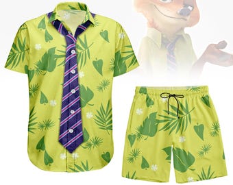 Nick Wilde Zootopia Hawaii Hemd Shorts, Dschungel Fuchs Kostüm Shirt, Disney Halloween Outfit, Cosplay Urlaub Set