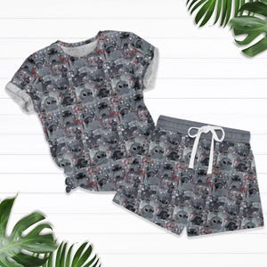 Lindos shorts de Stitch, pijama gris de dibujos animados, ropa de estar cómoda de verano, conjunto de Lilo y Stitch, camisa de verano de Stitch