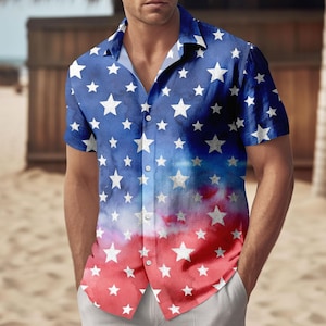 Blue Red Star Patriotic Button Shirt, Patriotic USA Aloha Shirt, 4th of July Beach Shirt for Men, American Flag Style Top, Summer Shirt