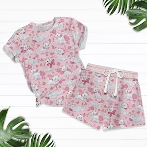 Pink Marie Cat Matching Shirt and Shorts, Aristocats Floral Outfit for Girls, Cute Cartoon Sleepwear or Summer Gift Set