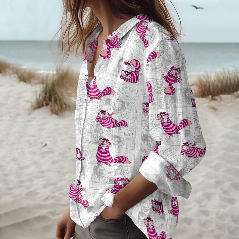 Cheshire Cat Linen Shirt, Alice In Wonderland Shirt, Cute Cartoon Button Shirt, Disney Fan Shirt, Summer Gift For Her, Pastel Shirt