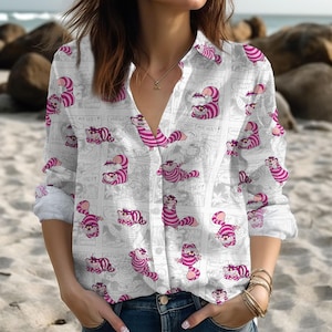Cheshire Cat Linen Shirt, Alice In Wonderland Shirt, Cute Cartoon Button Shirt, Disney Fan Shirt, Summer Gift For Her, Pastel Shirt