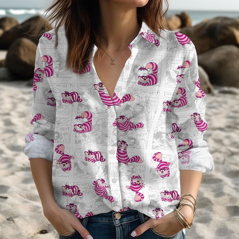 Cheshire Cat Linen Shirt, Alice In Wonderland Shirt, Cute Cartoon Button Shirt, Disney Fan Shirt, Summer Gift For Her, Pastel Shirt