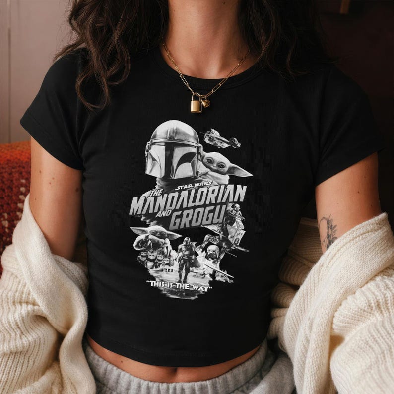 This Is The Way Baby Tee, Mandalorian and Grogu Graphic Crop Top, Star Wars Character Poster Shirt, Y2K Aesthetic Bounty Hunter Tee