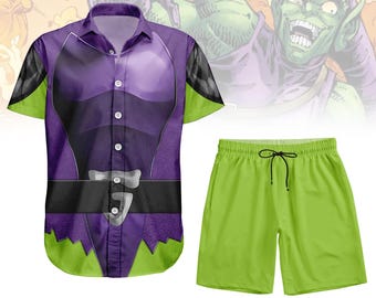 Green Goblin Hawaiian Shirt, The Amazing Spider Man Button Shirt, Goblin Cosplay Costume Shirt, Halloween Spider Man Costume Shorts