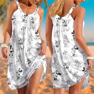 Vestido con bocetos de personajes de Disney Mickey y sus amigos, vestido veraniego de Mickey Donald y Goofy, atuendo playero para vacaciones, vestido de verano con tirantes