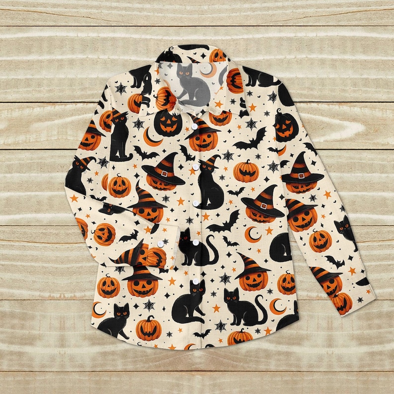 Halloween Black Cat Blouse Shirt, Pumpkin Blouse Shirt, Witch Hat Bat ...