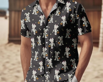 Camisa/short com botões de Halloween do Mickey da Disney, shorts masculinos de esqueleto da Disney, camisa masculina havaiana de Halloween da Disney, presente para festa de Halloween