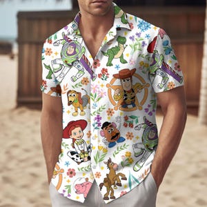 Camisa hawaiana de Toy Story de Disney, traje hawaiano de Woody Buzz, camisa y pantalones cortos de Woody Buzz de Disney, regalo de vacaciones de Disney para él
