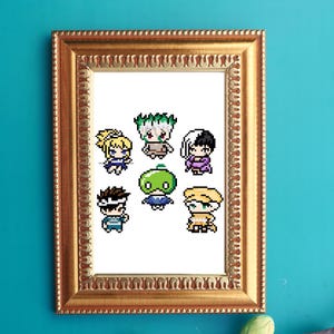 Puede incluir: Una impresión enmarcada con personajes de arte de píxeles de la serie de anime "Black Clover". Los personajes están representados en un estilo chibi, con cabezas grandes y cuerpos pequeños. La impresión está sobre un fondo blanco y está rodeada por un marco dorado.