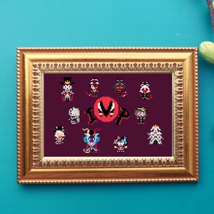 May include: A framed pixel art print featuring a red and black 'V' logo surrounded by 12 pixelated characters in various poses. The characters are all wearing different outfits and accessories, and some are holding weapons. The background is a dark purple color.