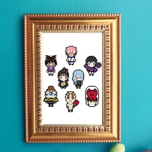 May include: A framed print with pixel art of eight characters from a popular anime series. The characters are in various poses and expressions, with a white background.