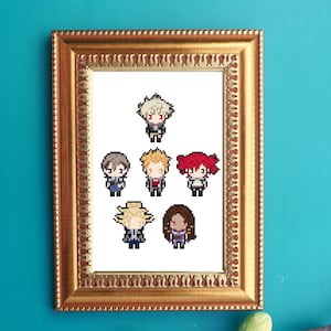 May include: A framed artwork featuring pixelated character designs. The characters have various hair colors, including blonde, red, and brown, and are dressed in different outfits. The frame is gold-colored with an ornate design.