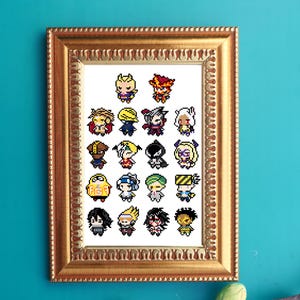 May include: A framed pixel art print featuring 20 characters from the anime My Hero Academia. The characters are depicted in a chibi style, with each character having a unique color scheme and design. The print is set against a white background.