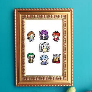 May include: A framed cross-stitch artwork featuring eight pixelated anime-style characters. The characters have various hair colors and outfits. The frame is gold-colored with ornate detailing. The background is white.