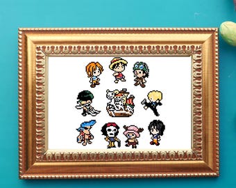 May include: A framed cross-stitch design featuring pixelated characters from the anime One Piece. The characters include Luffy, Zoro, Nami, Usopp, Sanji, Chopper, Robin, Franky, Brook, and the Thousand Sunny ship.