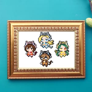 May include: Four pixel art characters in a white frame. The characters are a girl with brown hair wearing a red and white outfit, a girl with blonde hair wearing a blue and white outfit, a girl with green hair wearing a yellow and green outfit, and a brown and black animal wearing a yellow and orange outfit.