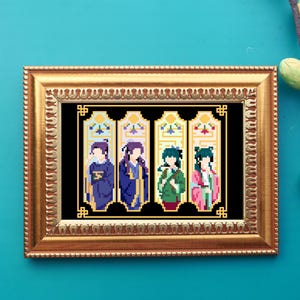 May include: A framed pixel art piece featuring four figures in traditional attire. The figures are in shades of blue, purple, green, and pink, set against a black background. The frame is gold-colored, and the artwork is displayed on a teal background.