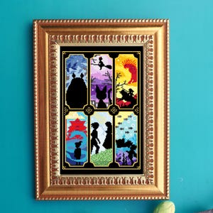 May include: A framed cross-stitch design featuring six colourful panels depicting scenes from popular animated films. Each panel is outlined in black and gold, and the scenes are rendered in a pixelated style.