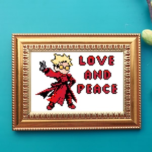 May include: A pixel art cross-stitch design featuring a cartoon character with blonde hair and glasses wearing a red coat. The text "LOVE AND PEACE" is displayed in red pixel art.