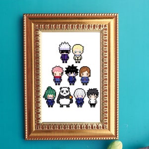 May include: A framed pixel art print featuring characters from the anime series Jujutsu Kaisen. The characters are depicted in a chibi style, with large heads and small bodies. The print includes Gojo Satoru, Megumi Fushiguro, Nobara Kugisaki, Panda, and others.