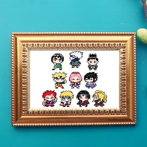 May include: A framed cross-stitch design featuring pixelated characters from the anime series Naruto. The characters are arranged in three rows, with Naruto, Sasuke, Sakura, Kakashi, and others.
