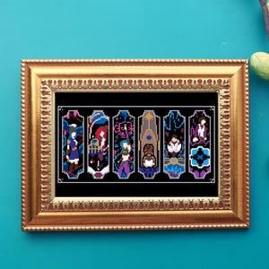 May include: A framed cross-stitch piece depicting a series of stained glass windows with colorful pixel art characters. The windows are set against a black background.