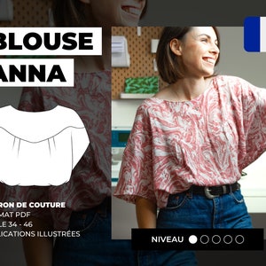 May include: A sewing pattern for a blouse called "Anna". The pattern is in PDF format and includes instructions in French. The pattern is for sizes 34-46. The image also shows a woman wearing a pink and white blouse with a marble pattern.