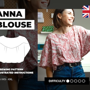 May include: A sewing pattern for an "Anna Blouse" with a white outline of the blouse on a pink and white patterned background. The pattern includes illustrated instructions and is available in sizes XXS to XXL. The difficulty level is indicated by five circles, with one filled in.