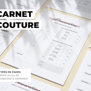 May include: A printable sewing notebook with a white background and black text. The notebook includes pages for planning, notes, and measuring. The text on the cover reads "CARNET COUTURE".